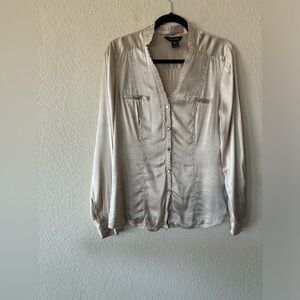 White House Black Market Champagne Silk Button Down women blouse 10